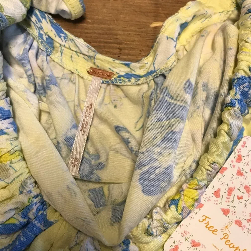 Free People Baja Babe Tee Lemon Gelato XS NWT Yellow Blue White Floral